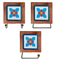 Kit de Banheiro Artesanal com Ladrilho Hidráulico 3 Peças em Madeira Maciça e Ferro Kit de Banheiro Artesanal com Ladrilho Hidráulico 3 Peças em Madeira Maciça e Ferro