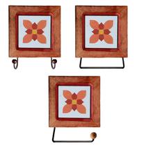 Kit de Banheiro Artesanal com Ladrilho Hidráulico 3 Peças em Madeira Maciça e Ferro