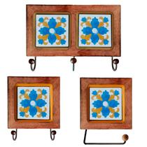 Kit de Banheiro Artesanal com Ladrilho Hidráulico 3 Peças em Madeira Maciça e Ferro