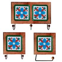 Kit de Banheiro Artesanal com Ladrilho Hidráulico 3 Peças em Madeira Maciça e Ferro