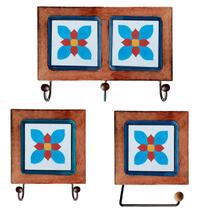 Kit de Banheiro Artesanal com Ladrilho Hidráulico 3 Peças em Madeira Maciça e Ferro