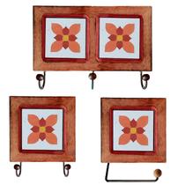 Kit de Banheiro Artesanal com Ladrilho Hidráulico 3 Peças em Madeira Maciça e Ferro