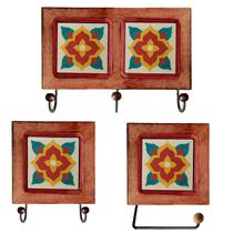 Kit de Banheiro Artesanal com Ladrilho Hidráulico 3 Peças em Madeira Maciça e Ferro