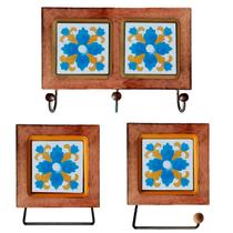 Kit de Banheiro Artesanal com Ladrilho Hidráulico 3 Peças em Madeira Maciça e Ferro