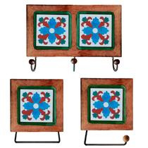 Kit de Banheiro Artesanal com Ladrilho Hidráulico 3 Peças em Madeira Maciça e Ferro Kit de Banheiro Artesanal com Ladrilho Hidráulico 3 Peças em Madeira Maciça e Ferro