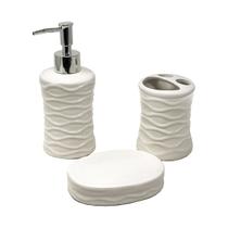 Kit de Banheiro Cerâmica Saboneteira Dispenser Sabonete Liquido Porta Escovas Objetos Algodão Cotonete Acessórios Lavabo 3 peças