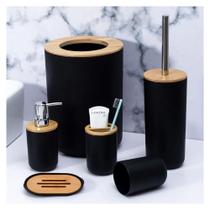 Kit de Banheiro Conjunto 6 Peças Completo Lixeira C/ Tampa Basculante Bambu Lavabo Escova Sanitária
