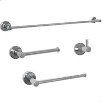 Kit de Banheiro Cromado Jogo 4 Peças Metal Inox Toalheiro 60 Cm Porta Toalha De Rosto Gancho Cabideiro Papeleira Suporte Parede Lavabo Fixação Dupla
