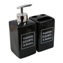 Kit de banheiro de porcelana 02 peças com frase cantinho elegante 380ml Kit de banheiro de porcelana 02 peças com frase cantinho elegante 380ml