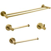 Kit De Banheiro Dourado Inox Acessório Lavabo Porta Toalha Duplo Papeleira Gancho Toalheiro Reto Aço Inox 304 Suporte Parede Gold Brilhoso 4 Peças