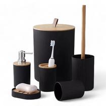 Kit De Banheiro Lavabo 6 Peças Plástico Bambu Cor Preto