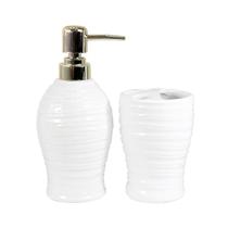 Kit de banheiro lavabo de cerâmica 2 peças dosador dourado