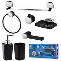 Kit De Banheiro Lavabo Herc Abs Completo 07 Peças Preto/Cromado