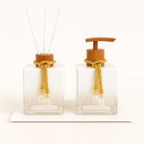 Kit De Banheiro Lavabo Luxo Cubo De Vidro Difusor + Sabonete + Bandeja