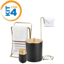 Kit de Banheiro Lavabo Luxo Preto Dourado 4 Peças Lixeira Porta Papel Toalha Dispenser Sabonete Líquido
