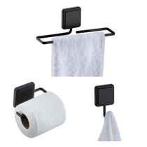Kit De Banheiro Lavabo Preto Fosco 3 Peças Adesivo 3M Suporte Porta Papel Toalha Roupa