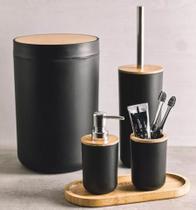 Kit De Banheiro Lixeira Saboneteira Preto Com Bambu 4 Peças