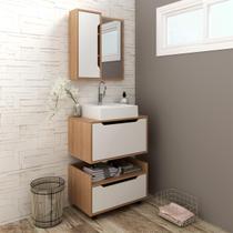 Kit de Banheiro Modulado Gabinete Pia e Espelheira Amêndoa Branco