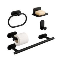 Kit de Banheiro Preto 5 peças em Inox Acessórios Adesivados Kit de Banheiro Preto 5 peças em Inox Acessórios Adesivados