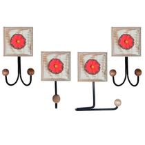 Kit de Banheiro Rústico com Flor Entalhada 4 Peças em Madeira Maciça com Ganchos de Ferro