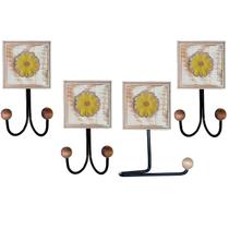 Kit de Banheiro Rústico com Flor Entalhada 4 Peças em Madeira Maciça e Ferro