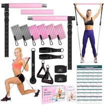 Kit de bar de Pilates COFOF com faixas de resistência para mulheres - rosa
