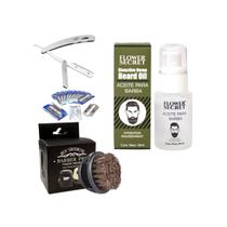 Kit de barbear simples com óleo de barba, navalha, lâminas e escova
