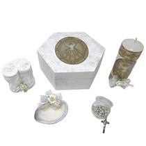 Kit de Batismo Católico em uma Caixa de Madeira com Toalha, Vela, Rosário e Concha para Meninos e Meninas. Feito à mão no México Presente para Padrinhos. Conjunto de velas de batismo do Espírito Santo. Kit de Bautizo.