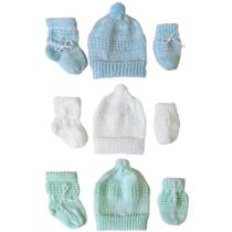 Kit de bebê 9 peças tricô lã (touca, luva, sapato) cordão