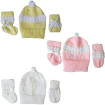 Kit de bebê recém nascido 9 peças de lã tricô (gorro, luvinha, meia) fita