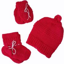 Kit de bebê recém nascido de lã 3 peças gorro, luva, meia cordão