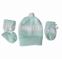 Kit de bebê recém nascido tricô 3 peças de lã touca, luvinha e sapatinho fita