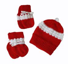 Kit de bebê recém nascido tricô 3 peças de lã touca, luvinha e sapatinho fita