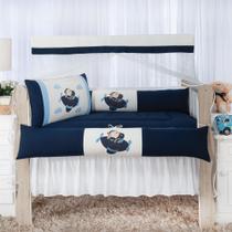 kit de berço americano urso aviador na cor azul marinho com tecido de algodão com 9 peças