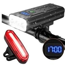 Kit de Bike Lanterna Farol Frontal Led T6 com Display e Pisca Sinalizador Traseiro Alto Brilho Recaregáveis - Ecooda