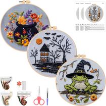 Kit de bordado de Halloween, conjunto de 3 conjuntos de 15 cm, agulhas, fio