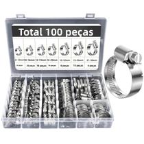 Kit De Braçadeiras De Mangueira Ajustáveis Em Aço Inoxidável 100PCS Para Automotivo, Encanamento E