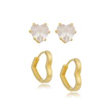 Kit de brinco argolinha e ponto de luz de coração pequena banhado a ouro 18K