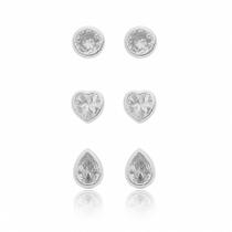 Kit de Brincos Coração , Círculo e Gota com Zircônia Banhado a Prata Kit de Brincos Coração , Círculo e Gota com Zircônia Banhado a Prata