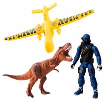Kit De Brinquedo Infantil Dinossauro Com Avião De Resgate E Boneco Soldado Dinopark Hunters