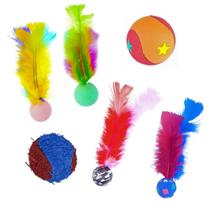 KIT de Brinquedo para Gato 6 Bolinhas Mix Pula Pena Chocalho