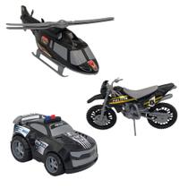 Kit de Brinquedos de Polícia: Carro, Moto e Helicóptero Cor:Preto Kit de Brinquedos de Polícia: Carro, Moto e Helicóptero Cor:Preto