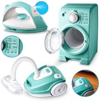 Kit De Brinquedos Infantil Interativo Combo 3 Peças Brincadeira Realista Didático Ferro De Passar Roupa Aspirador De Pó Máquina De Lavar Educativo