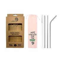 Kit de Canudos Reutilizáveis 5 em 1 Inox shake 8mm Prata com Canudos de Vidro 6mm retos e curvos