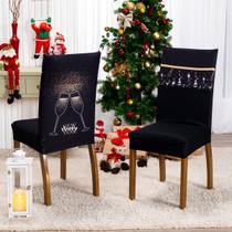 Kit de Capas de Cadeira Jantar Estampadas Ano Novo Ajustável com Elástico 04 Peças - Protetora Cozinha Malha Gel Helanca
