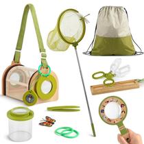 Kit de Captura de Insetos de Madeira para Crianças - Kit de 11 Peças para Exploração ao Ar Livre com Bolsa, Rede para Borboletas e Outros Itens de Aventura para Jardim, Quintal e Acampamento, Presente para Meninos e Meninas de 3 a 12 Anos