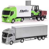 Kit de Carrinhos 2 Caminhões de Carga Baú e 1 Empilhadeira