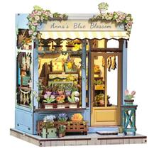 Kit de casa de bonecas DIY Miniature House CUTEBEE Book Nook Anna's Blue Blossom com luz LED