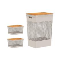 Kit de cestos organizadores com tampa de bambu Ou 3 peças Linha Grid Kit de cestos organizadores com tampa de bambu Ou 3 peças Linha Grid