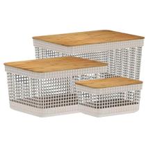 Kit de Cestos Tampa Bambu 3 Tamanhos Bege - Ou Kit de Cestos Tampa Bambu 3 Tamanhos Bege - Ou